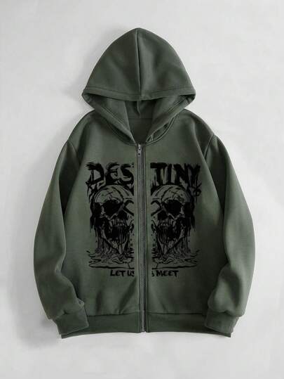 Felpa con cappuccio e chiusura lampo, con fodera termica e stampa teschi, adatta per la scuola