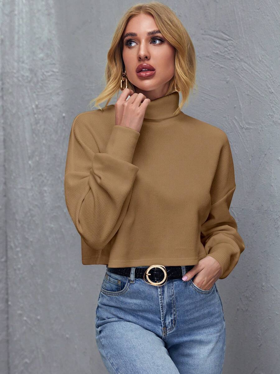 SHEIN Essnce 高領落肩袖短款T恤 - 摩卡棕 - 查看 1