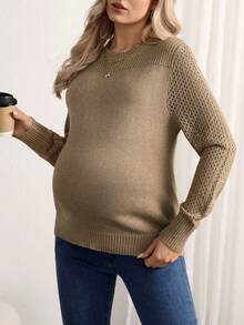 SHEIN Áo len dài tay cổ tròn màu trơn cho bà bầu, mùa đông - Màu nâu  Mocha - Xem 5