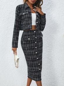 SHEIN Clasi 方格西裝外套套裝,前扣牛角扣和裙子二件套 - 黑色 - 查看 1