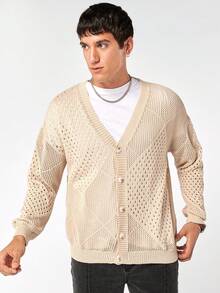 Manfinity RebelGame Áo len cardigan dài tay khoét lỗ cỡ lớn cho nam - Màu Khaki - Xem 6