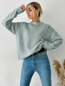 RueChic Của phụ nữ Thả vai Áo len dệt kim Với Thiết kế rỗng - Màu xanh ngọc - Xem 4