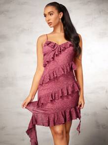 SHEIN BAE Women'S Solid Color Ruffle Edge & Decorated Spaghetti Strap Dress Ruffle Dress - Pink - View 5