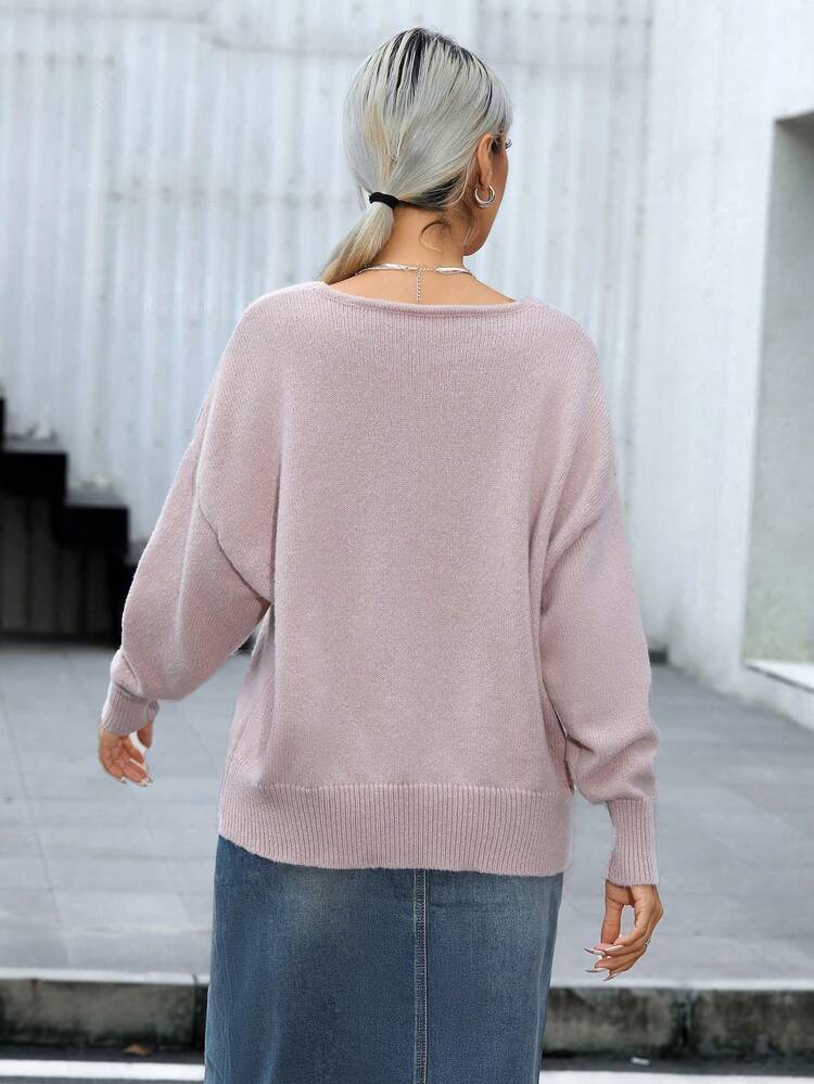 Women's Solid Color 3d Flower Design Drop Shoulder Sweater