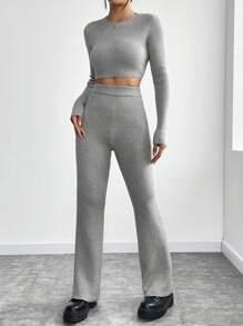 SHEIN Unity 2 件女士纯色针织套装 - 淺灰色 - 查看 6