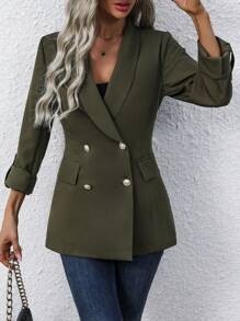 SHEIN Clasi 女款捲袖雙排扣西裝外套 - 軍綠色 - 查看 4