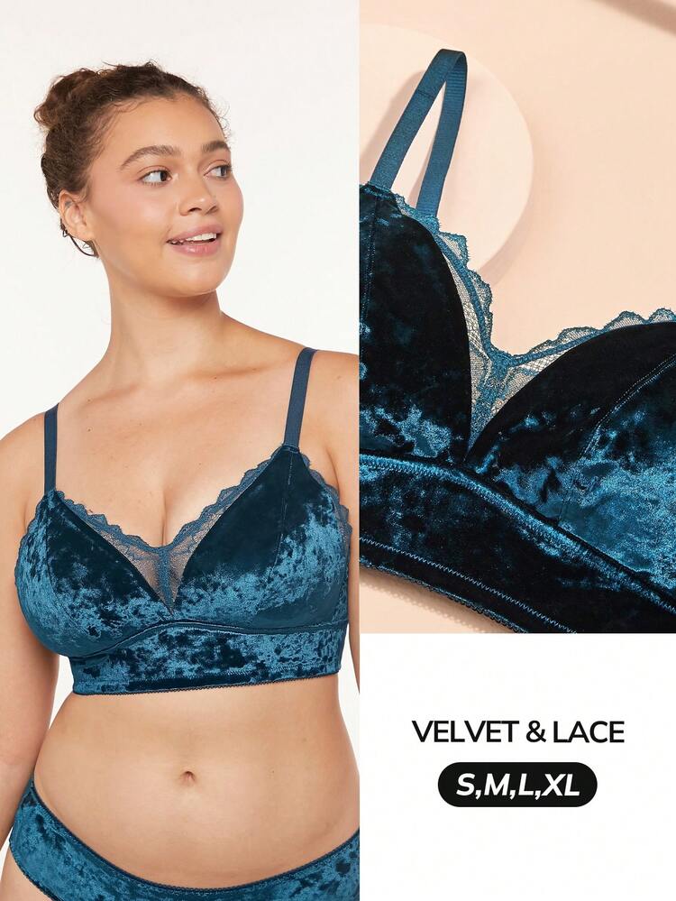 Sujetador sexy tipo bralette de terciopelo con encaje, de escote en V y largo