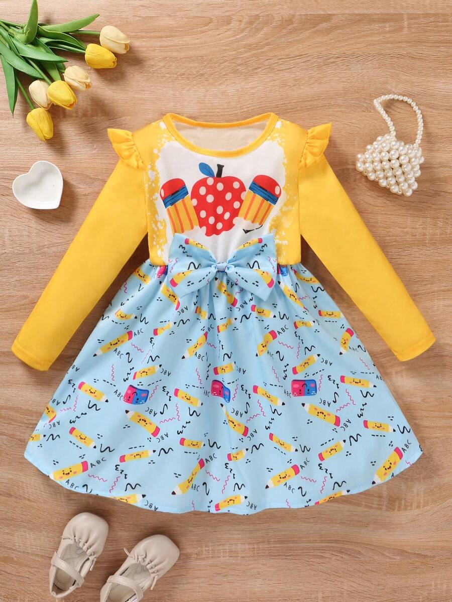 SHEIN 年轻女孩休闲宽松圆领长袖盖袖蝴蝶结卡通图案印花连衣裙，春秋 - 黃色 - 查看 1