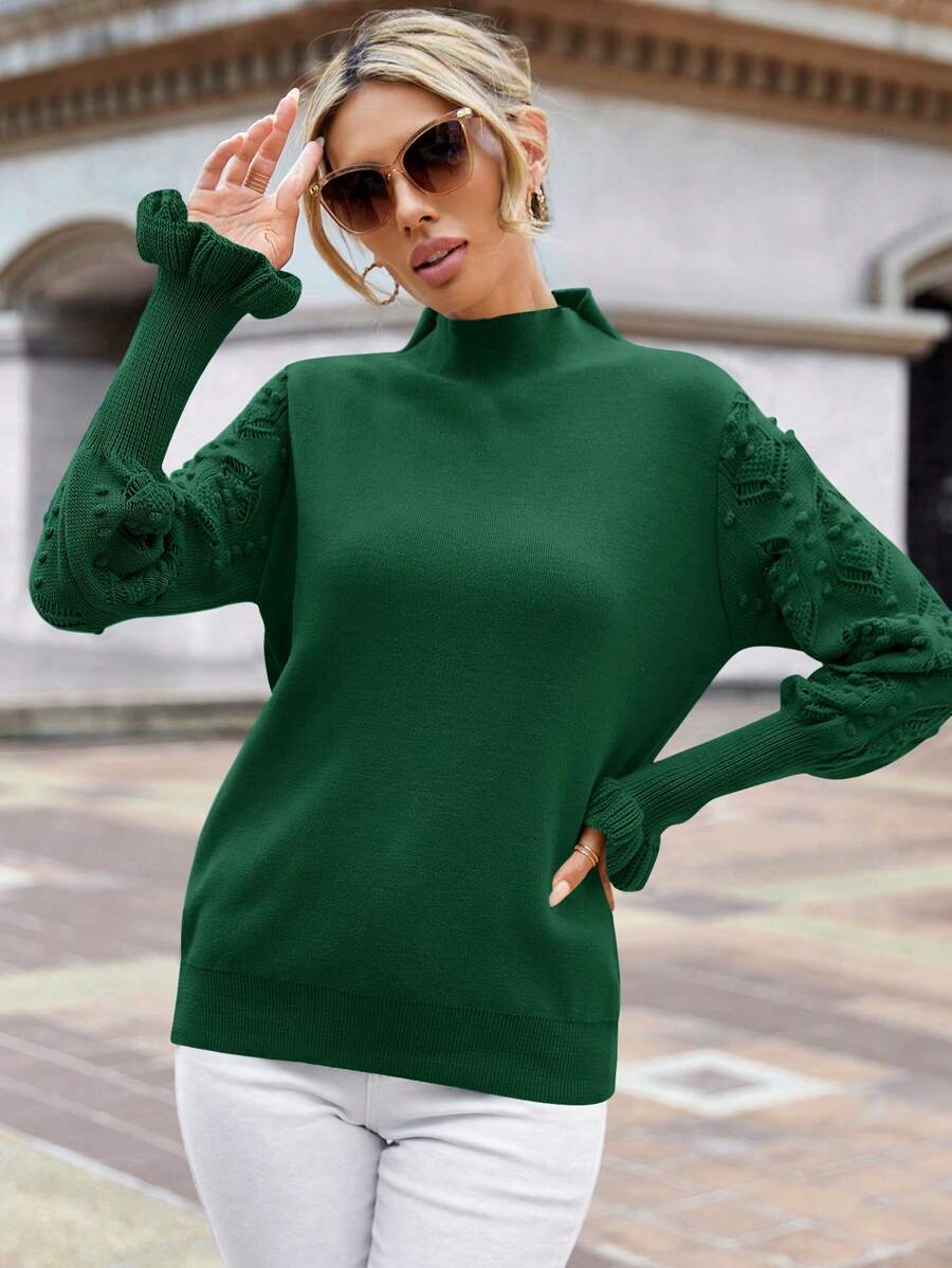 SHEIN 女式立領襯衫,荷葉邊下擺,褶皺袖口毛衣 - 墨綠色 - 查看 1