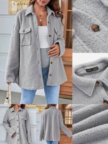 SHEIN Maternity Drop Shoulder Flap Pocket Teddy Coat, For Winter - Grey - View 6