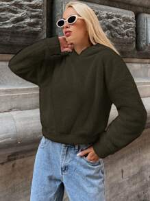 EURMUSE Solid Drop Shoulder Teddy Hoodie - Dark Green - View 5