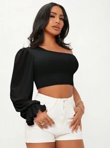SHEIN SXY Của phụ nữ Một bờ vai Quần skinny Áo - màu đen - Xem 3