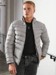 SHEIN Cottnline Men's Zipper Collar Padded Jacket With Slant Pockets - Light Grey - View 4