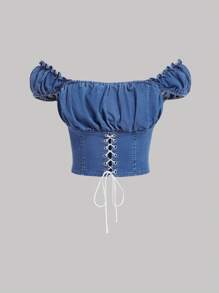 SHEIN MOD Của phụ nữ Tie Trước Áo denim - Rửa nhẹ - Xem 1
