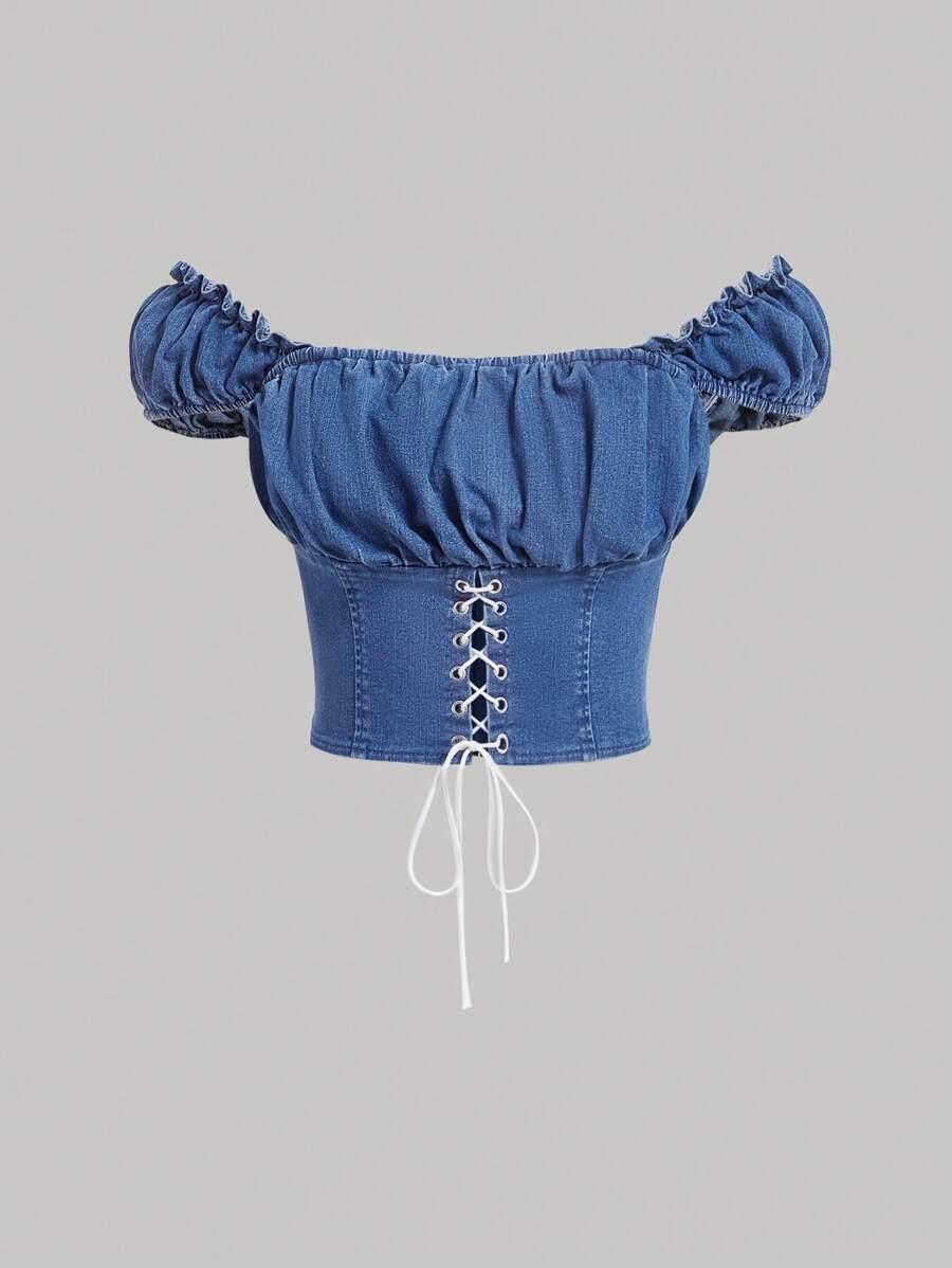 SHEIN MOD Của phụ nữ Tie Trước Áo denim - Rửa nhẹ - Xem 1
