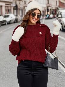 SHEIN LUNE 大码女式酒红色套头毛衣针织衫秋冬毛衣 - 酒紅色 - 查看 3