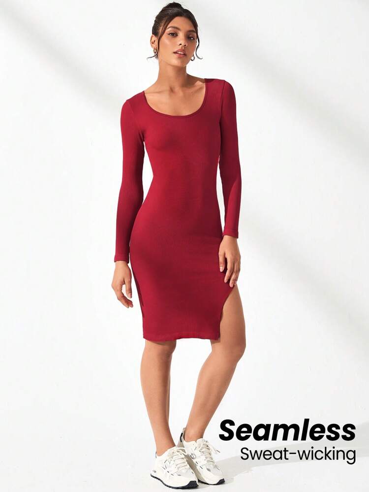 Round Neck Seamless Long Sleeve Sporty Dress