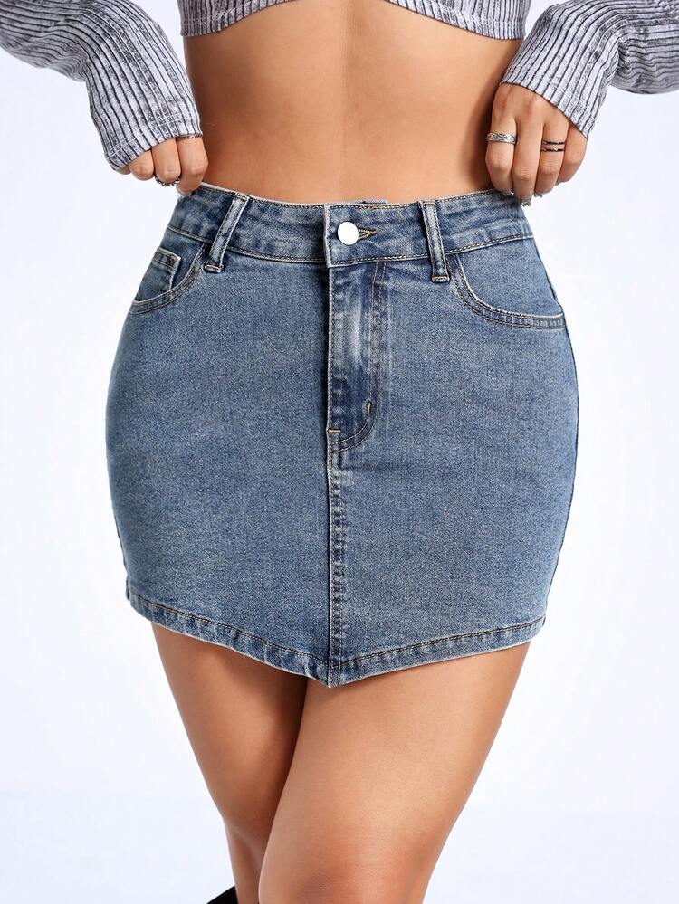 Women'S Zipper Front Close Fitted Denim Skirt