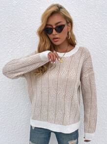 SHEIN Essnce 女士休閒落肩彩色拼接毛衣 - 杏色 - 查看 5