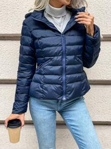 SHEIN Frenchy Women's Zipper Front Solid Color Padded Coat - Blue - View 5