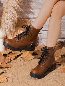 時尚復古風格pu皮製墊肩摩托靴,帶扣,英國秋冬流行款 - 棕色 - 查看 7