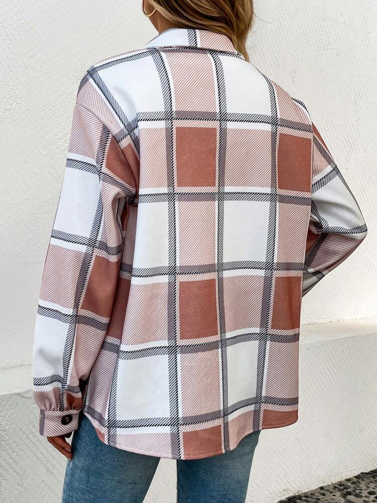 Plaid Print Flap Pocket Overcoat Fall Cloth For Women