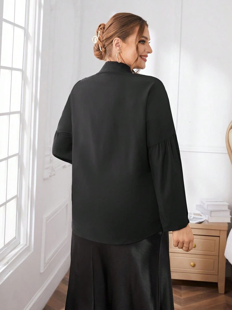 Plus Size Faux Pearl Decor Turn-Down Collar Shirt
