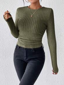 SHEIN Frenchy 女士實色圓領修身t卹,具有質感 - 軍綠色 - 查看 4