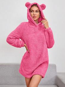 SHEIN Essnce 3D Ear Design Hooded Teddy Sweatshirt Dress - Hot Pink - View 1