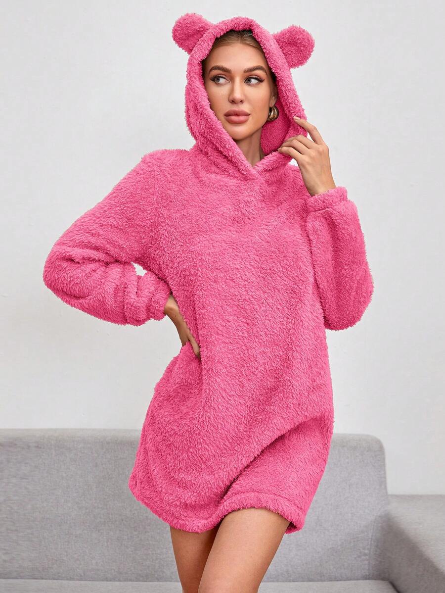 SHEIN Essnce 3D Ear Design Hooded Teddy Sweatshirt Dress - Hot Pink - View 1