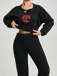 EURMUSE Women's Printed Sweatshirt And Joggers Two-piece Set - Black - View 3
