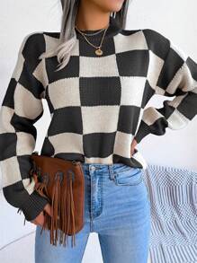 Women's Winter Plaid Color Block Sweater Long Sleeve Round Neck Pullover Casual Vacation Knit Top - Black - View 5