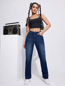 SHEIN EZwear 女式純色牛仔褲 - 中等水洗藍 - 查看 4