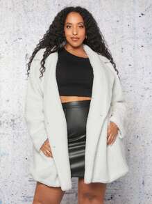 SHEIN CURVE+ 加翻領雙排扣泰迪熊大衣 - 白色 - 查看 4