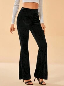 SHEIN Tall 女士天鵝絨喇叭褲 - 黑色 - 查看 3