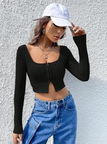 SHEIN EZwear Atuendos de verano con camiseta cortada con cuello redondo y cierre de gancho y ojo - Negro - Ver 5