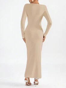 SHEIN Privé Ruffle Trim Ruched Asymmetrical Hem Bodycon Dress - Apricot - View 2
