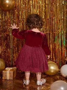 SHEIN Baby Girl Lantern Sleeve Glitter Dress Without Belt - Burgundy - View 2