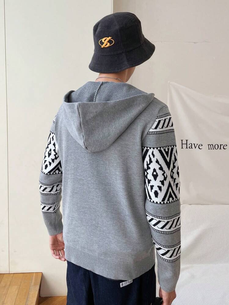 Men Geo Pattern Hooded Cardigan