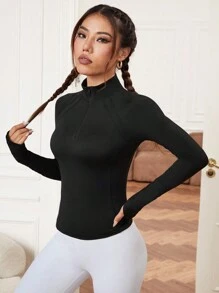 Gameset SHEIN Sport Solid Color Fitted Zip-Up Mock Neck Long Sleeve Sports Jacket - Black - View 5