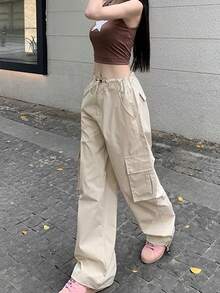 Pantalones De Carga Flojos Para Mujeres Con Cordón - Caqui - Ver 5