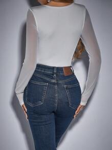 Allurite Body De Malla De Manga Larga Para Mujer Con Decoración De Diamantes De Imitación - Blanco - Ver 2