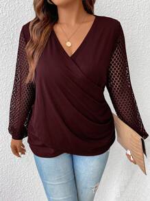 SHEIN Frenchy تي شيرت T-شيرت ضيافي أنثوي موحد اللون بتصميم رباط وأكمام بأسلوب بيشوب مقاسات كبيرة - عنابي اللون - مشاهدة 6