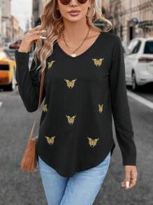 SHEIN LUNE Của phụ nữ Áo thun Với Thêu bướm Và In Thiết kế - màu đen - Xem 5