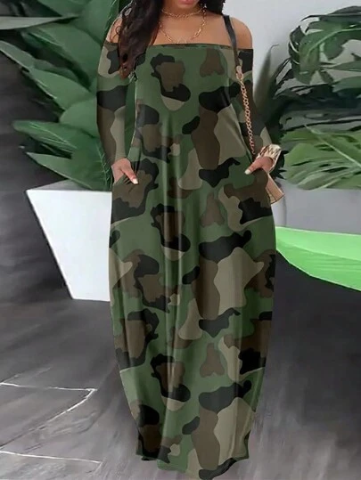 chinese dress ladies Camo Pocketed Maxi Dress  Personality Collections, LLC