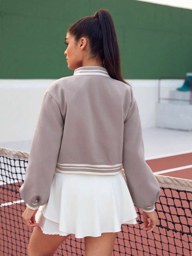 Letter Embroidery Striped Trim Drop Shoulder Bomber Jacket,Women Tennis Outfit