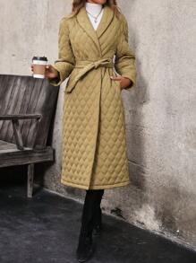 SHEIN Clasi 女士加厚棉袄外套冬季衣服带披肩领、丝带腰带 - 橄欖綠 - 查看 1