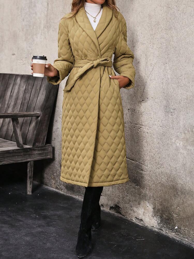 Women's Padded Padded Coat Clothes Winter With Shawl Collar, Ribbon Belt Fall Cloth For Women