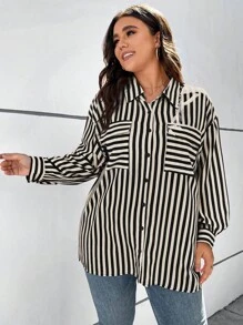 Flirla Plus Size Striped Printed Drop Shoulder Shirt - Black and White - View 8