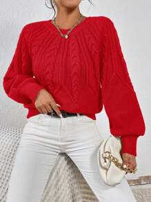 EMERY ROSE Women's Red Textured Crewneck Loose Pullover Sweater, Valentine's Day Knit Pullover Fall Winter Outfit - Red - View 3